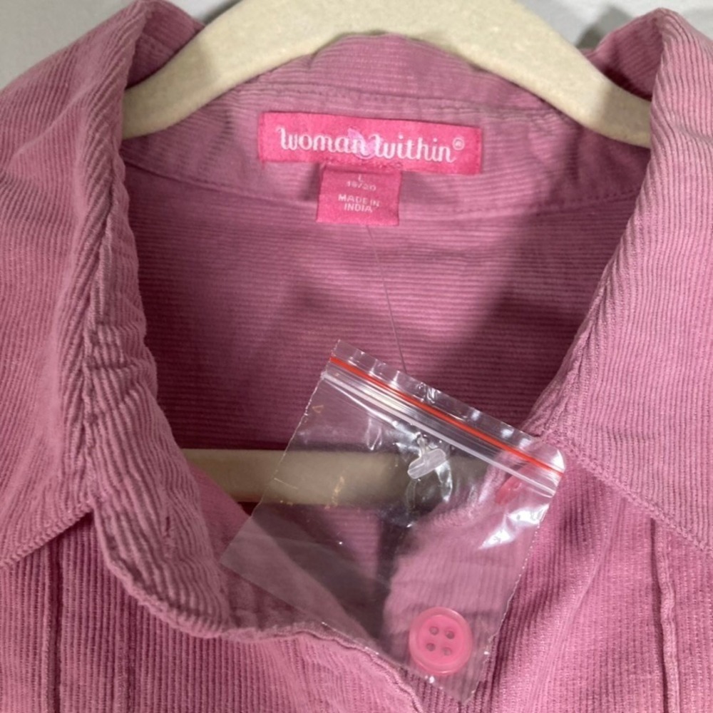 Woman Within L Pink Corduroy Button Down Shirt Pleated Bib Roll Tab Sleeve - Picture 7 of 14